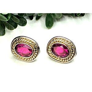 Vintage Silver-Toned Earrings With Oval Fuchsia Resin Gemstones Elegant Gold ton